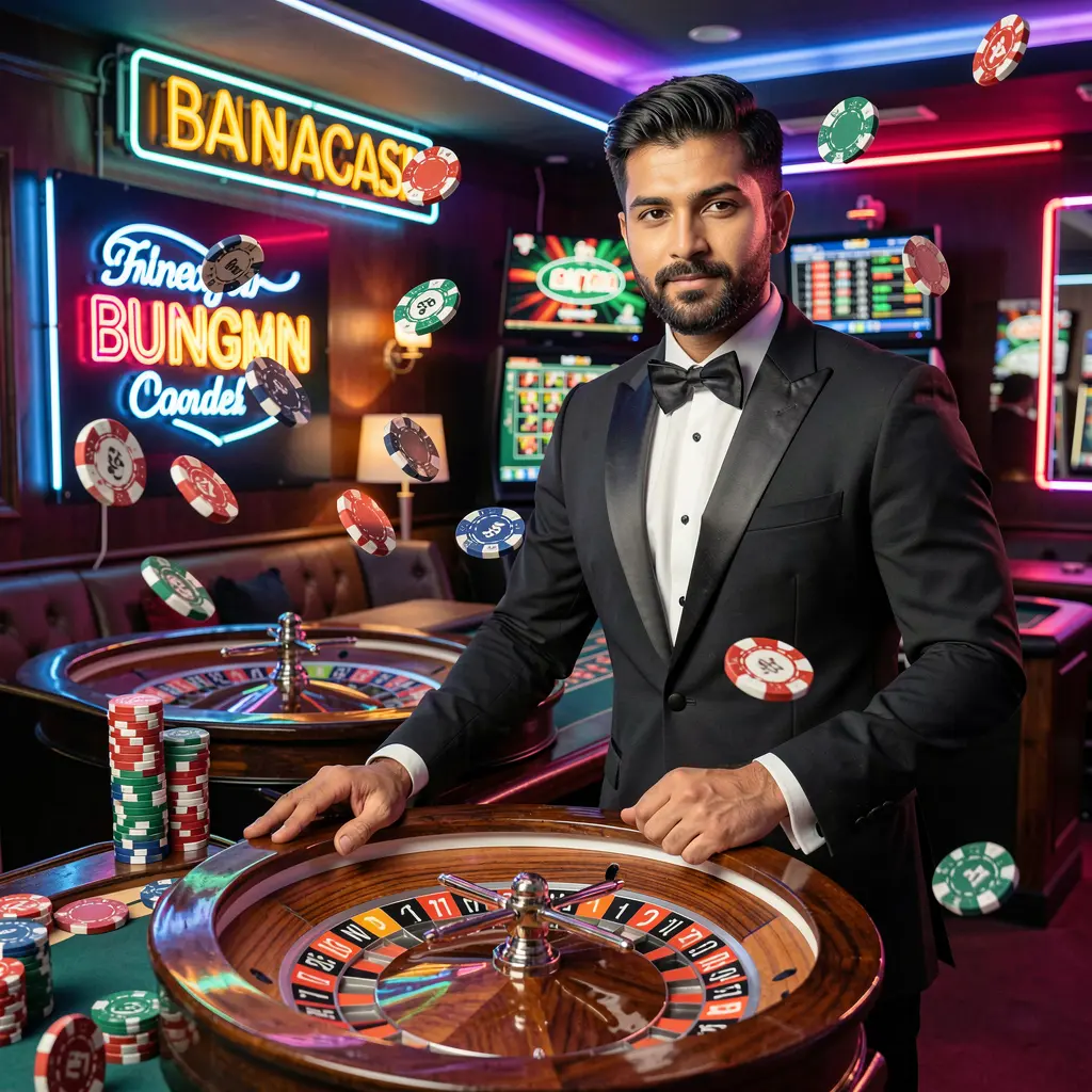 Stylish casino dealer in a tuxedo standing by a roulette table with dramatic lighting and spinning chips highlighting the premium live casino environment at 63OK for players in Bangladesh